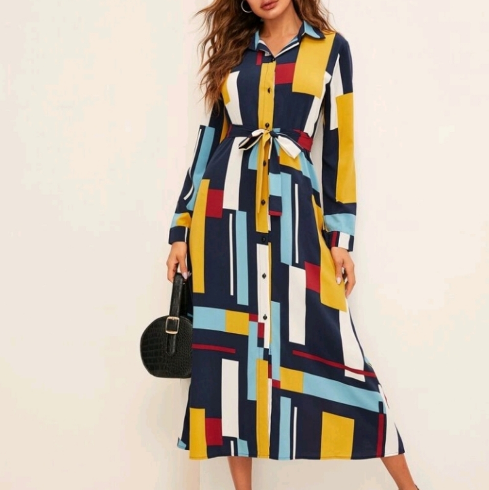 SHEIN multicolor dress w/ sash. Size L.
